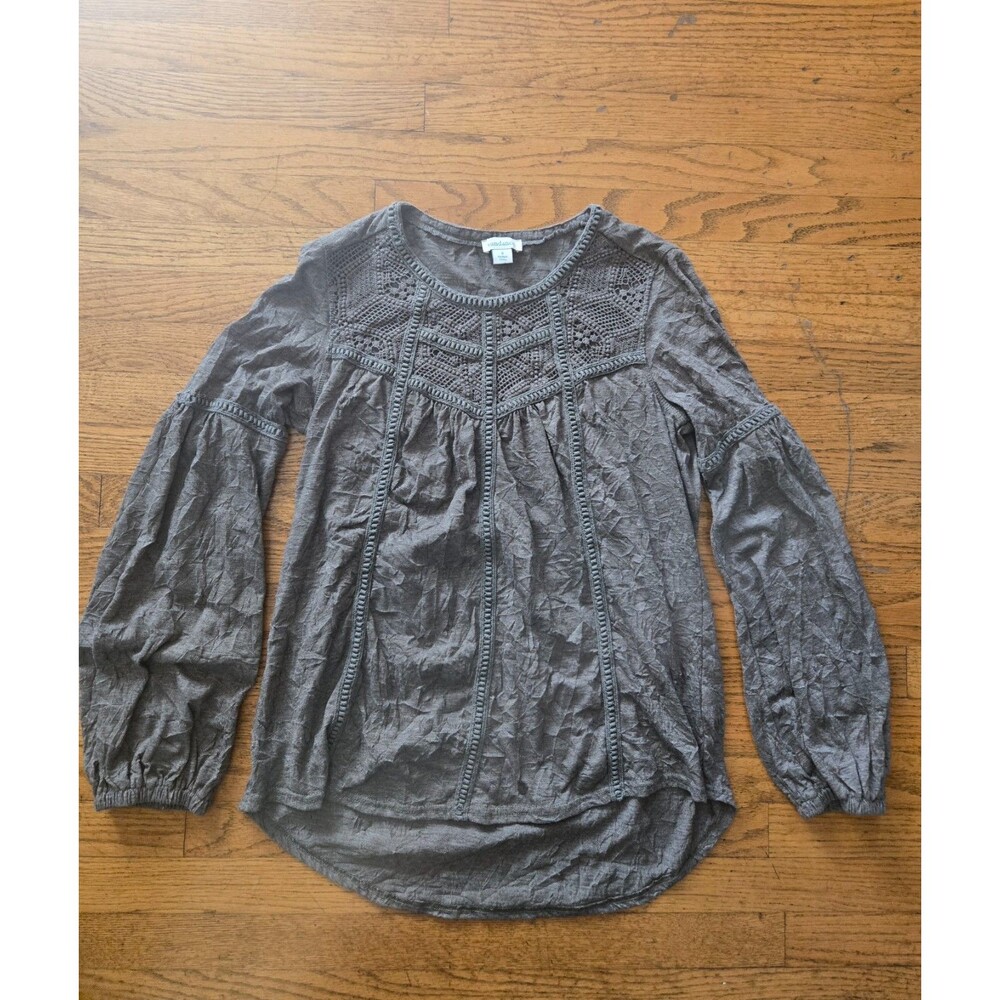 Sundance Womens Olive Green Embroidered Long Sleeve Crinkle Blouse Top Size Smal